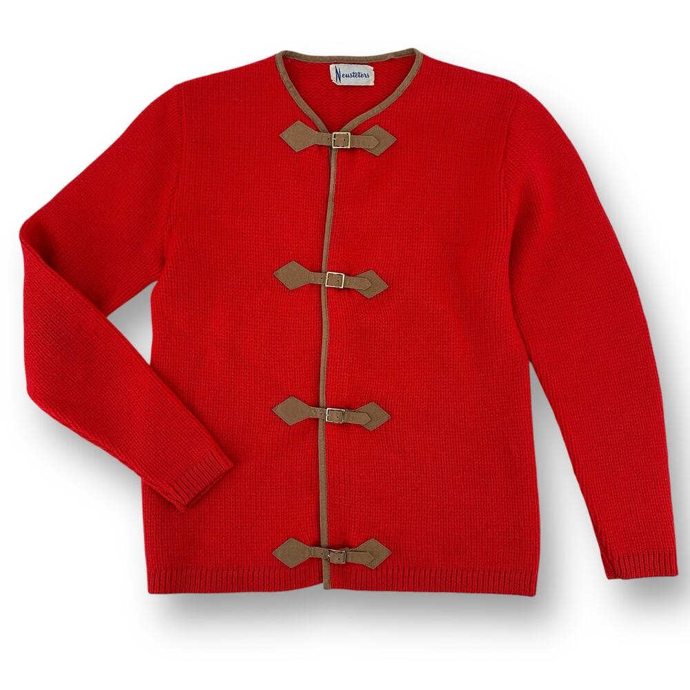 Vtg Neusteters Cardigan Sweater Sz Small Red Tan Faux Suede Buckle